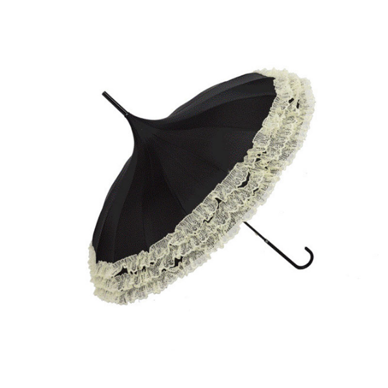 Princess Lace Pagoda Umbrellas For Straight Bar Semi Automatic Long Handle Hook Rain Gear Lady Sunshade Unbrellas Women Parasol: Black