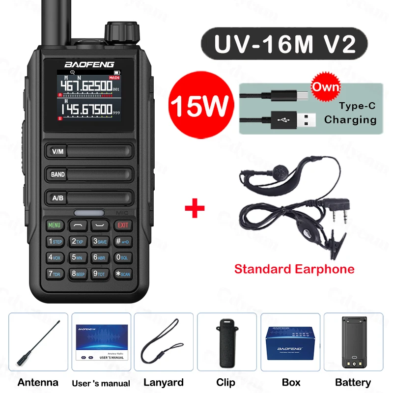 Upgrade Baofeng UV16M V2 Walkie Talkie 15W High Capacity AM FM 2-Way Radio Full Band LCD 999CH Frequency Copy NOAA Noise Reduce: Other