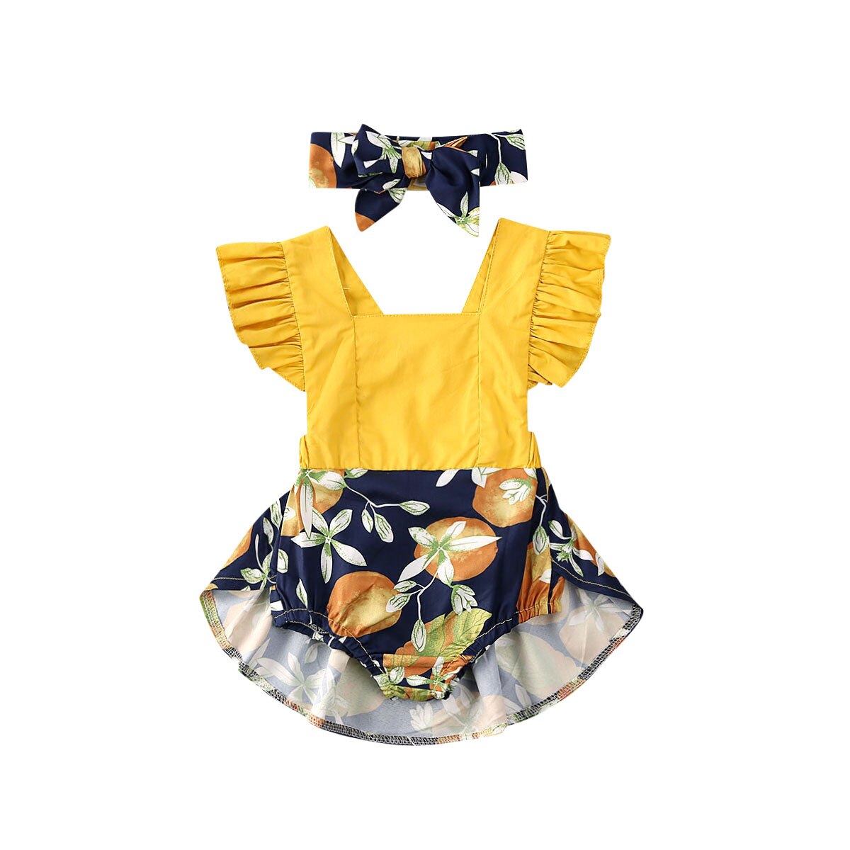 Baby Summer Clothing Baby Girl Lemon Print Ruffle Romper Dress Headband Outfit Lemon Print Clothes Set Sunsuit