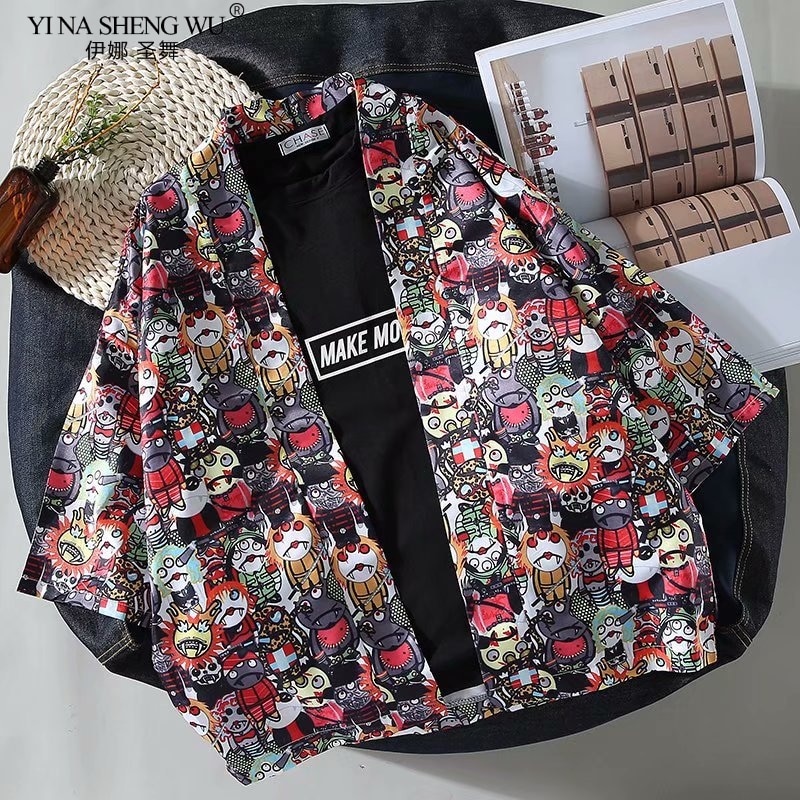 Japan Style Print Vintage Harajuku Blouse Sunscreen Cartoon Shirts Japanese Batwing Sleeve Yukata Women Couple Kimono Cardigan: 1 / M