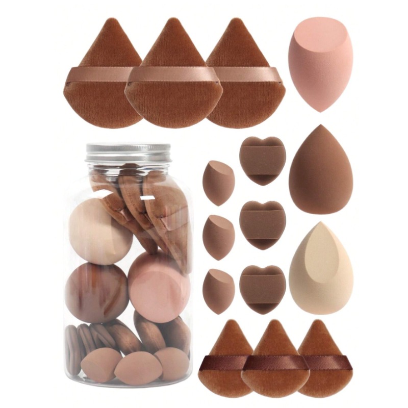 15 Sponges And Storage Jar Makeup Sponges Hygienic, Dual-Use Foundation Makeup Creams With Air Cushion Puff, Mixed Sponge: BROWN