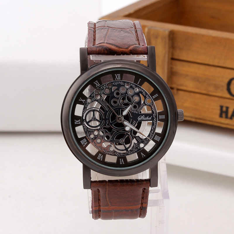 Foloy Watch For Men PU Leather Band Hollowing out Analog Alloy Quartz Wrist Watches Men Watch Clock: 5