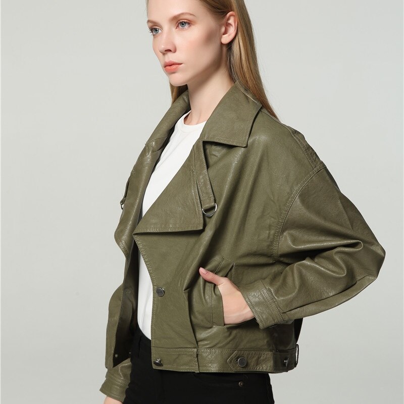 FTLZZ-SACO Bomber de mujer, chaqueta de piel sintética, abrigos de motorista para mujer, prendas de vestir Punk Vintage, chaquetas cortas rojas y verdes para motocicleta