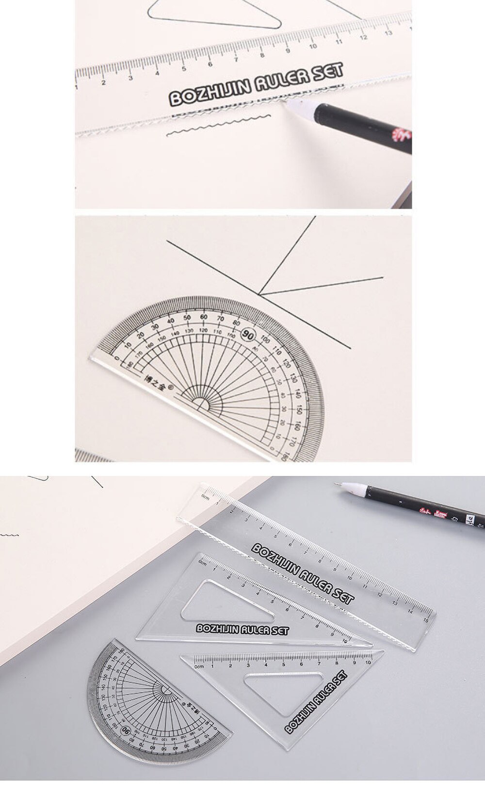 4Pcs a Sets Students Drawing School Supplies Transparent Straightedge Square Triangle Ruler Protractor