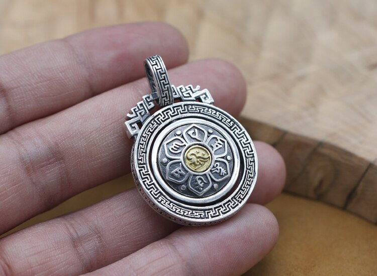 100% 925 Silver Tibetan OM Mani Padme Hum Pendant vintage thai silver Fengshui Yinyang pendant Buddhist OM Mantra pendant