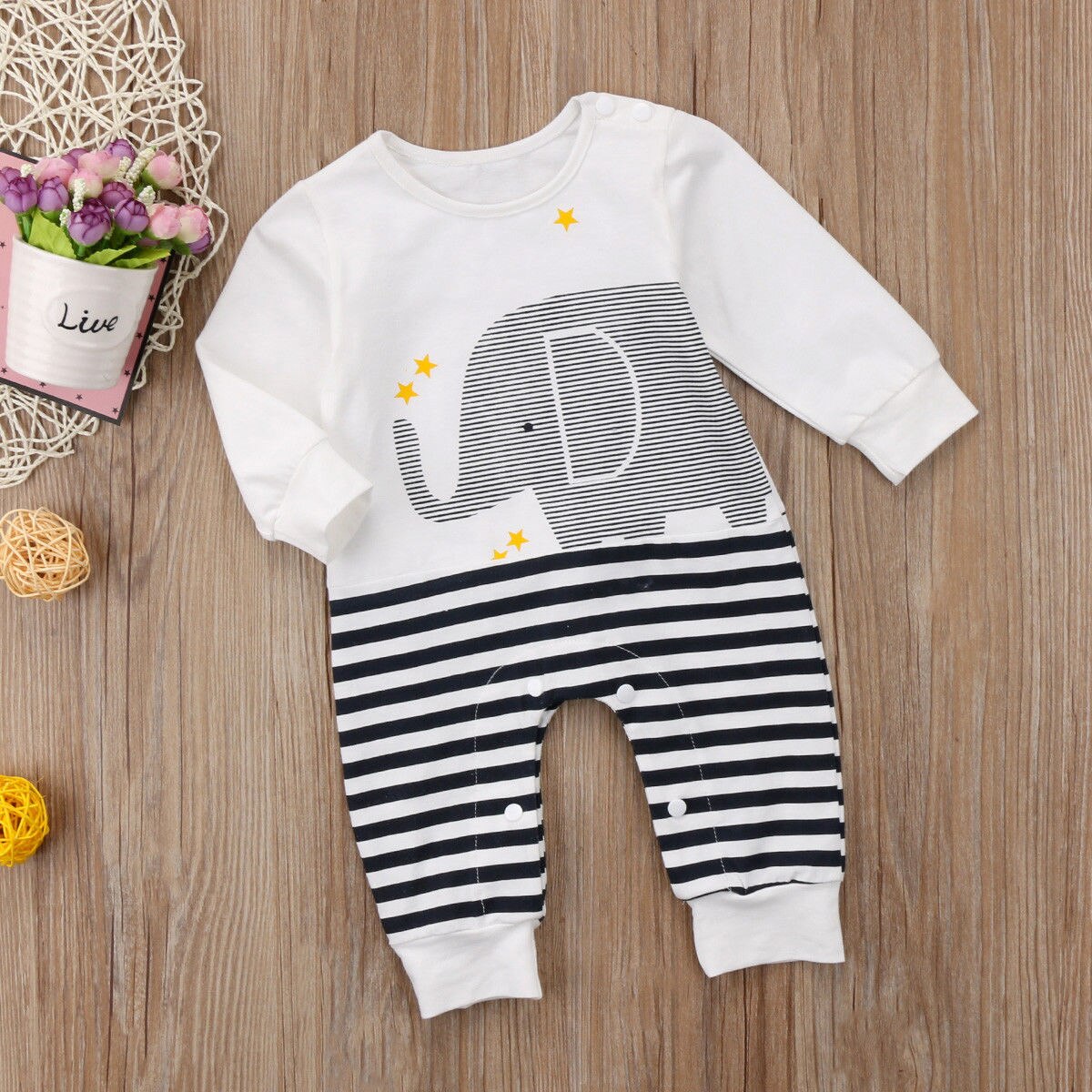 Kids Baby Meisjes Jongen Olifant Gestreepte Romper Jumpsuit O-hals Ademend Bodysuit Katoen Outfits Kleding Одежда Для Новорожденых