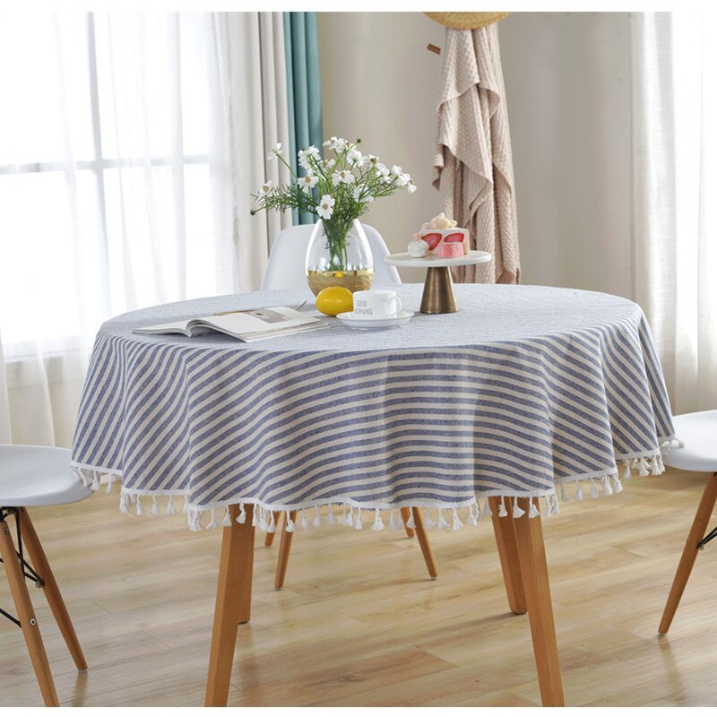 Round Tablecloth 150cm/59'' Stripe Tassel Cotton Linen Table Cloth Table Cover for Home Kitchen Dinning Table Coffee Table Decor: Blue ROUND / 152*152cm