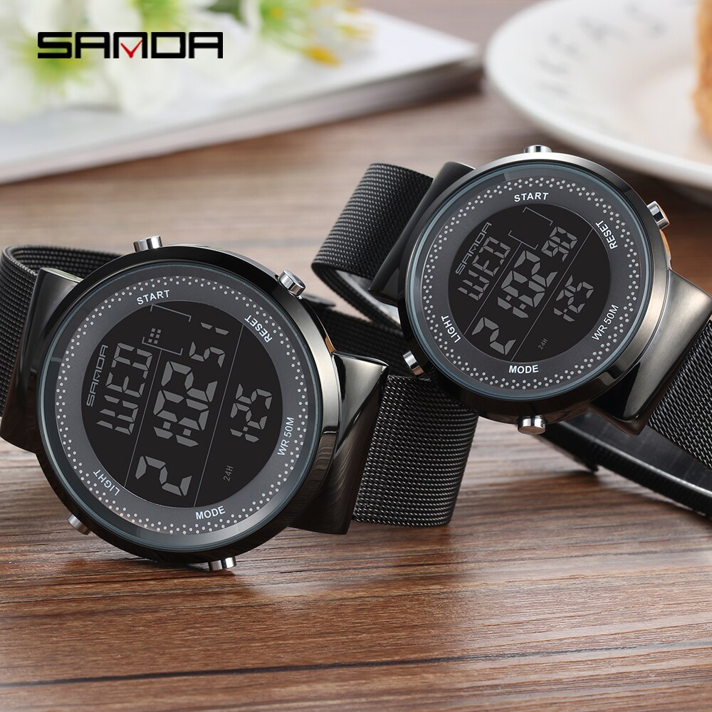 Sanda koppelhorloge led digitaal dames herenhorloge roestvrij staal mesh riem waterdichte liefhebbers horloges relogio masculino: Paar zwart