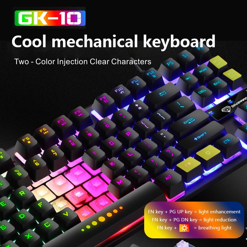 GK-10 Gaming Toetsenbord Gamer Toetsenbord Bedraad 87 Toetsen Mechanische Gaming Toetsenbord Rgb Zeven Kleuren Achtergrondverlichting Voor Pc Laptop gamers