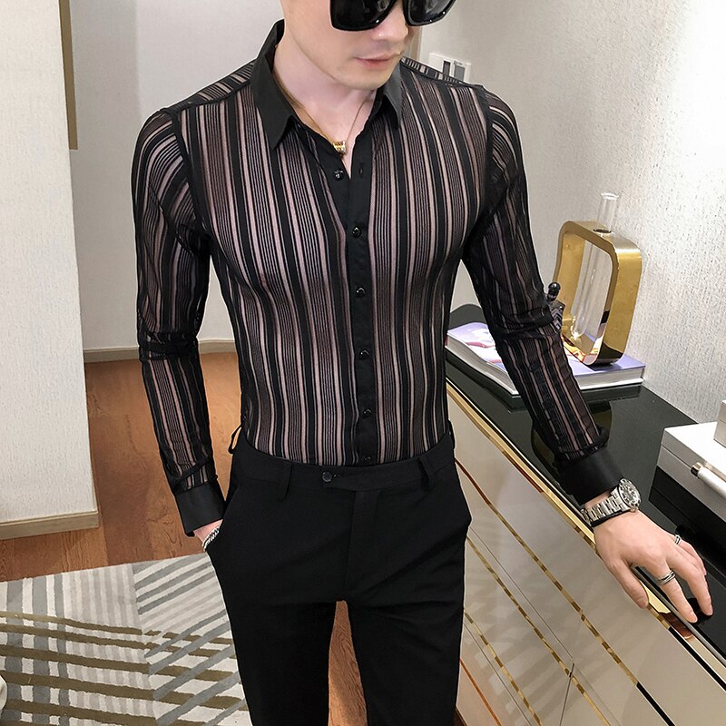 Britannico di Stile Hollow Camicia A Righe Degli Uomini di Modo di 2020 Autunno Nuovo A Maniche Lunghe Da Uomo Camicette Slim Fit Casual Prom Tuxedo Vestito 3XL-M