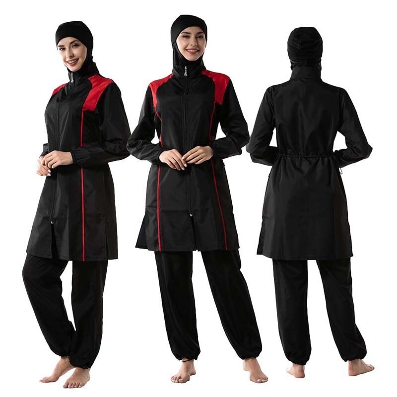 BAILUNMA Women Burkinis Muslim Swimwear Trousers Hooded Swimsuit Hijab Three-piece Sport Islamic Beachwear M015