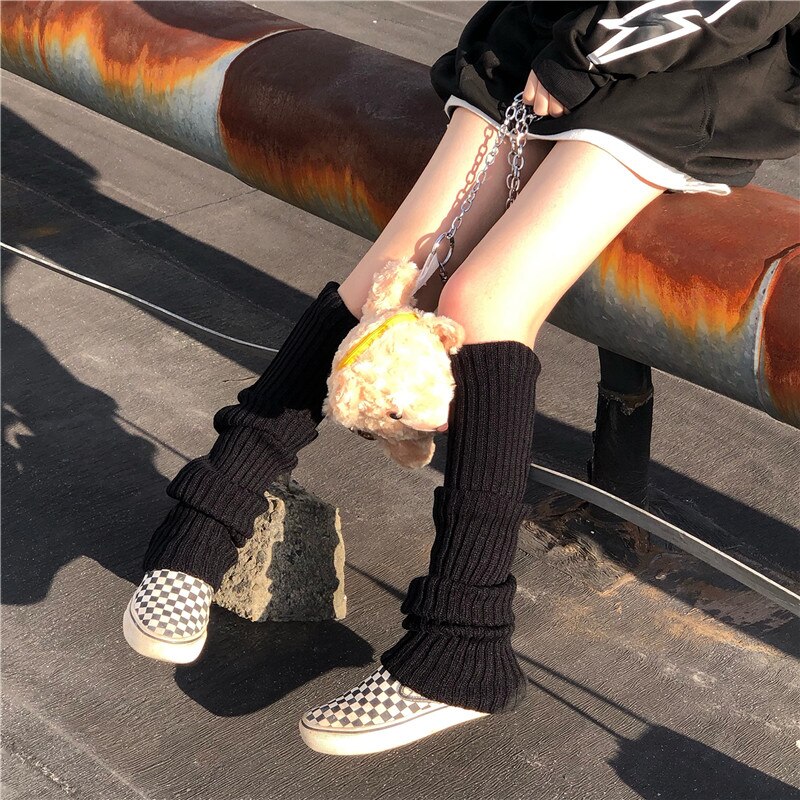 Punk Solid Black Cool Knit Long Socks Women Outdoor Knee High Elastic Leg Warmers Lady Warm Slim Gothic Hip-hop Rock Sock