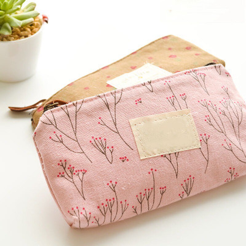Canvas Zipper Pencil Cases Cute Kawaii Floral Flower Lovely Fabric Flower Tree Pen Bags School Supplies