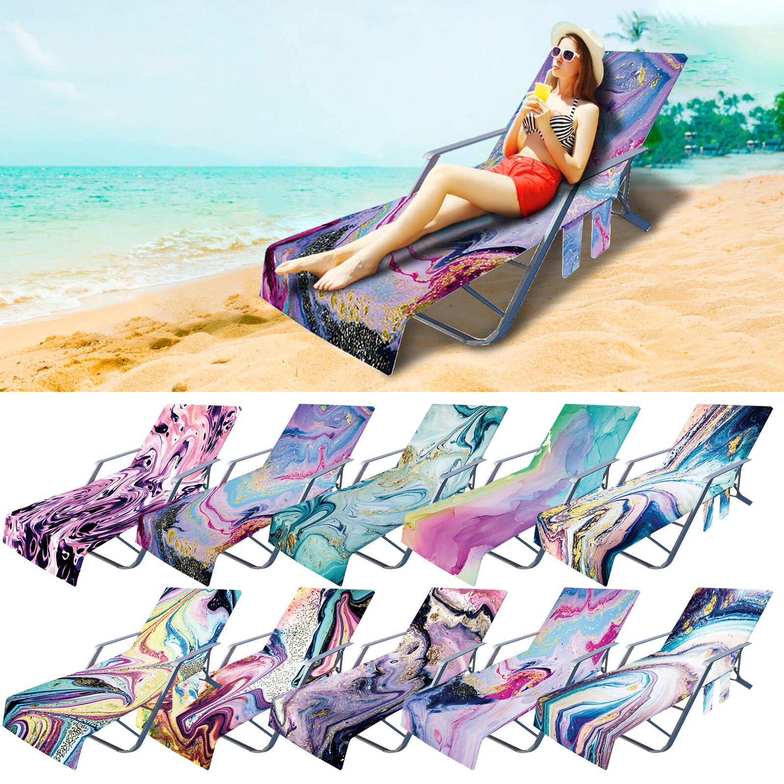 40# Ocean Series Recliner Cover With Side Pocket Soft Microfiber Sling Chair Summer Beach Towel Sunbathing Lounger Towel