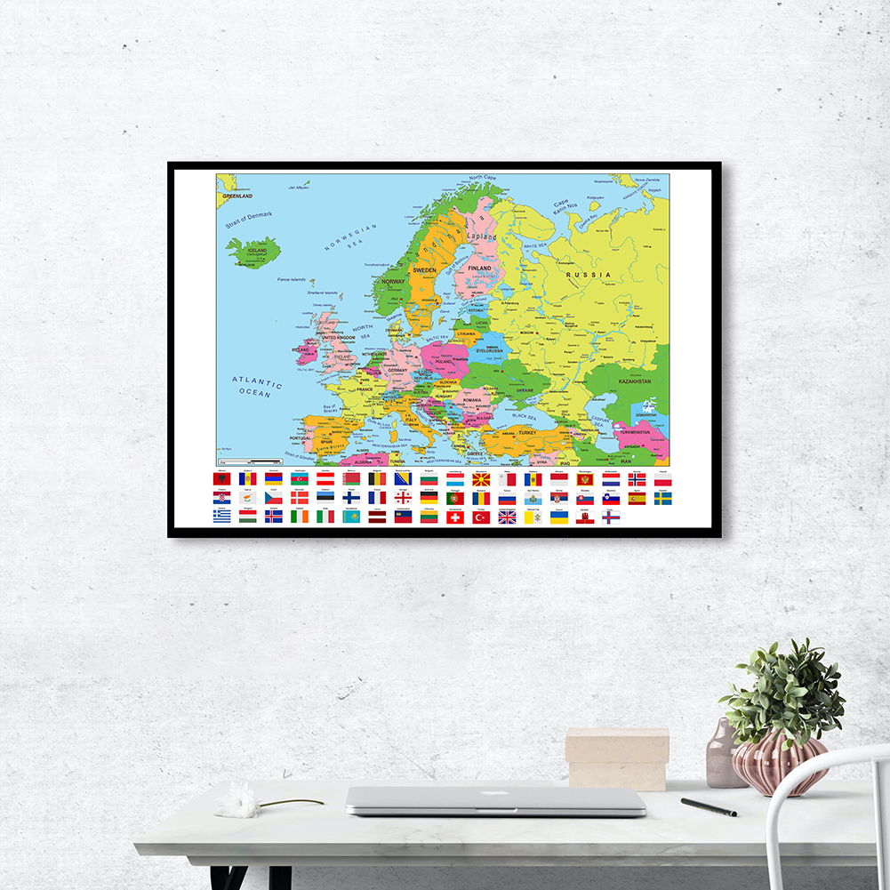 84*59cm The Europe Map with National Flags Wall Art Poster Canvas Painting Classroom Home Decoration Kids School Supplies