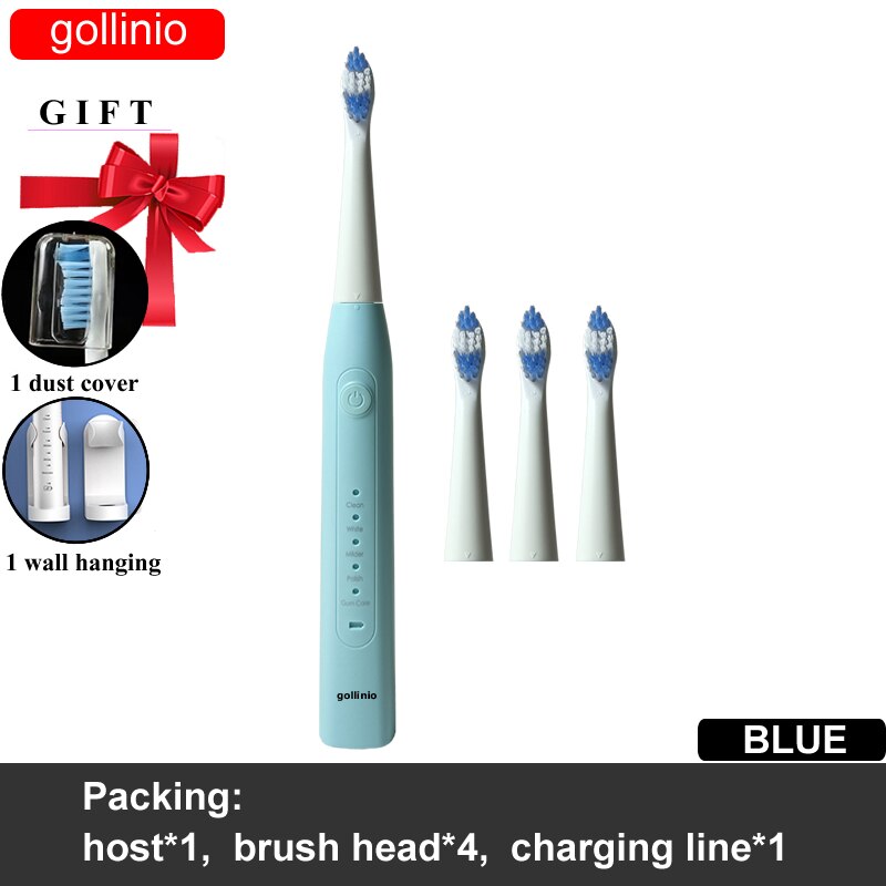 Gollinio Electric Toothbrush usb fast charging GL09F Adult teeth brush Rechargeable smart Replacement Head: GL09BLUE4H-H