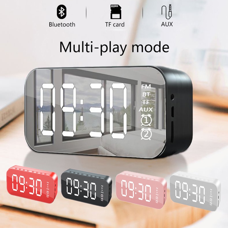 Multifunktions bluetooth högtalare spegel väckarklocka med fm radio led trådlös subwoofer musikspelare bordsklocka