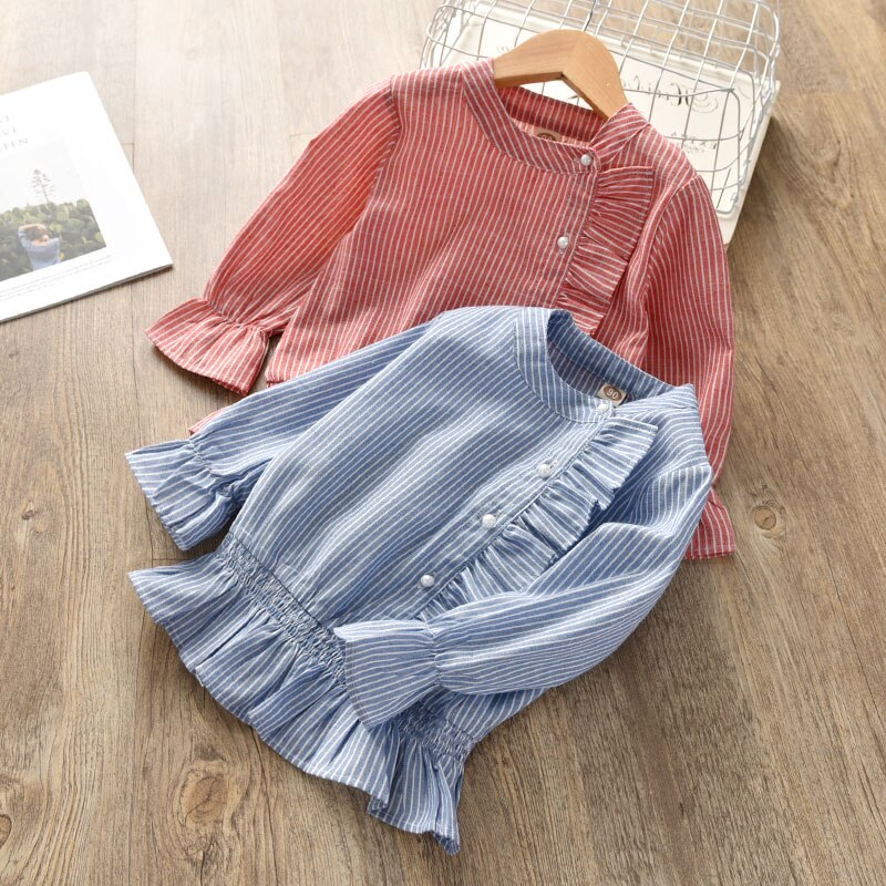 Blusa de encaje con volantes para niña, camisa de manga larga de algodón a rayas para niño, tops, prendas de vestir para niño de 2 a 8 años