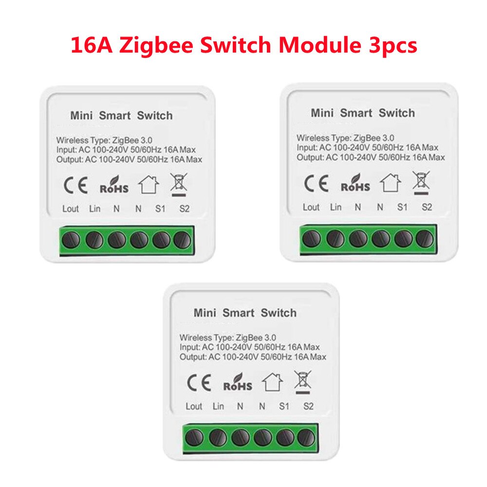 Mini Smart Zigbee Schakelaar 16A Smart Home Automation Module Werkt Met Alexa Google Thuis Slimme Leven App Ondersteunt 2 Manier controle: 3pcs