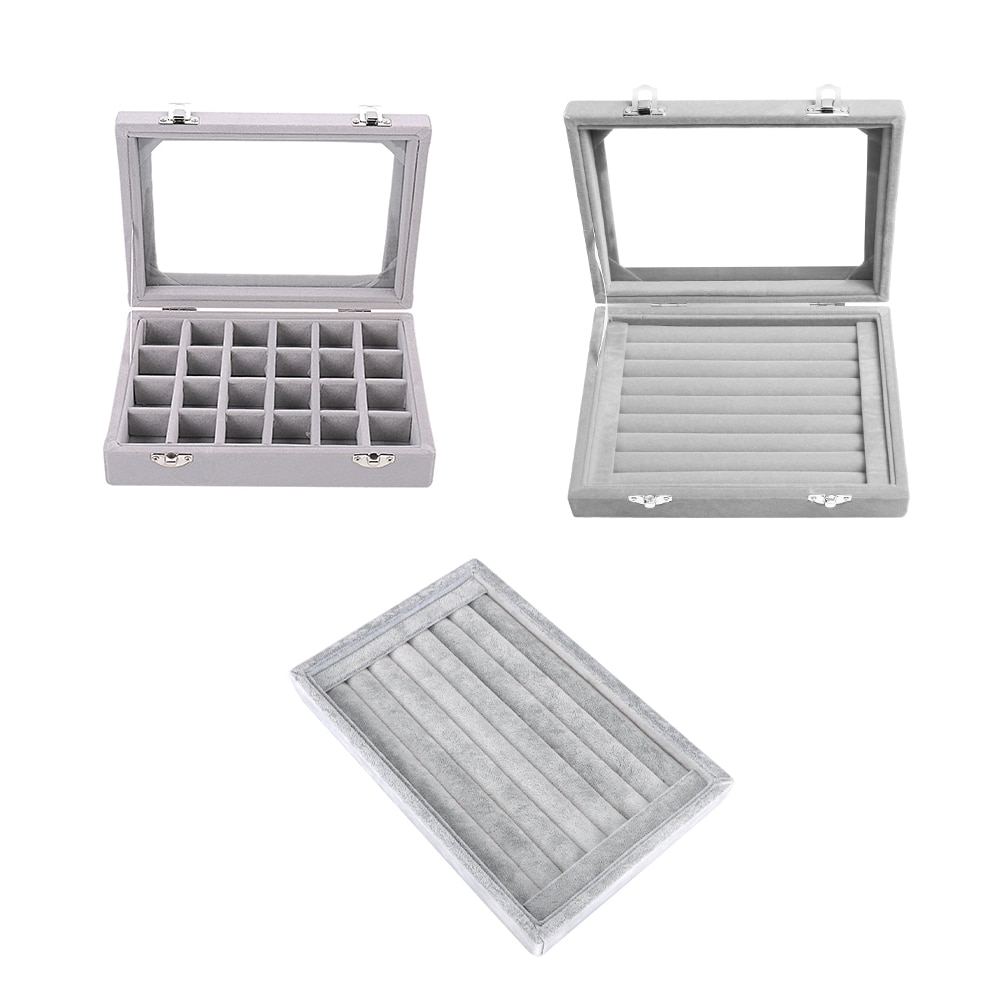 Earring Storage Case 24 Grids & 7 Slots Ring Velvet Display Case Box Ring Organizer Jewelry Tray Showcase Clear Glass Lid-Gray
