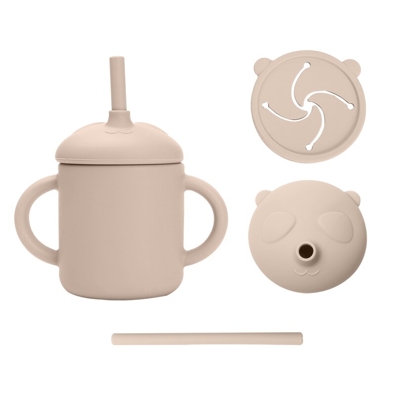 6 Kleur Baby Sippy Cup Cartoon Panda Food Grade Siliconen Dual Purpose Cup Draagbare Opslag Snack Container Cup Met Stro: beige