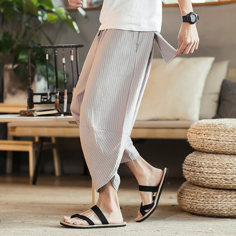 Sommerstribede hip hop bukser herre plus size bomuld linned brede ben haremsbukser herre løse vintage sweat bukser elastisk talje