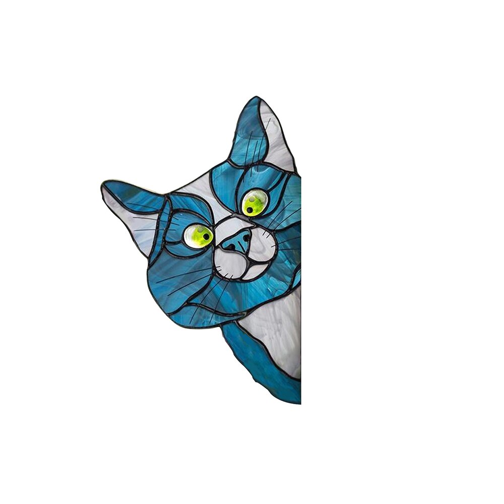 1PC Stained Glass Cat 3D Stained Glass Cat Window Hanger Peeking Cat Hanging Pendant Decor For Window Funny Cat Decor: Blue