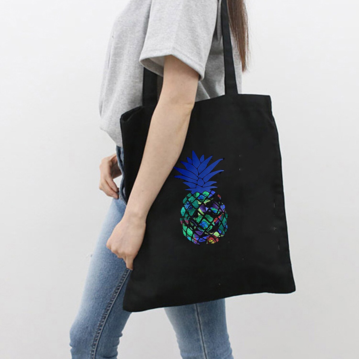 Pineapple Printed Cute Art Colorful Large Capacity Canvas Tote Bag Cloth Reusable Shopping Bag Women Beach Handbags