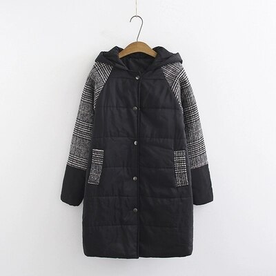 Large size Women Winter Cotton Hooded Jacket Coat Loose Warm Plaid Medium long Outerwear Casual Female Basic Jacket 4XL: XXXL