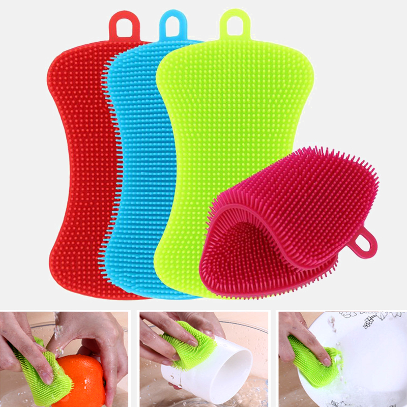 1/3/4pcs Kitchen Cleaning Brush Silicone Dishwashing Brush Fruit Vegetable Dish Washing Cleaning Brushes Pot Pan Sponge Scrubber