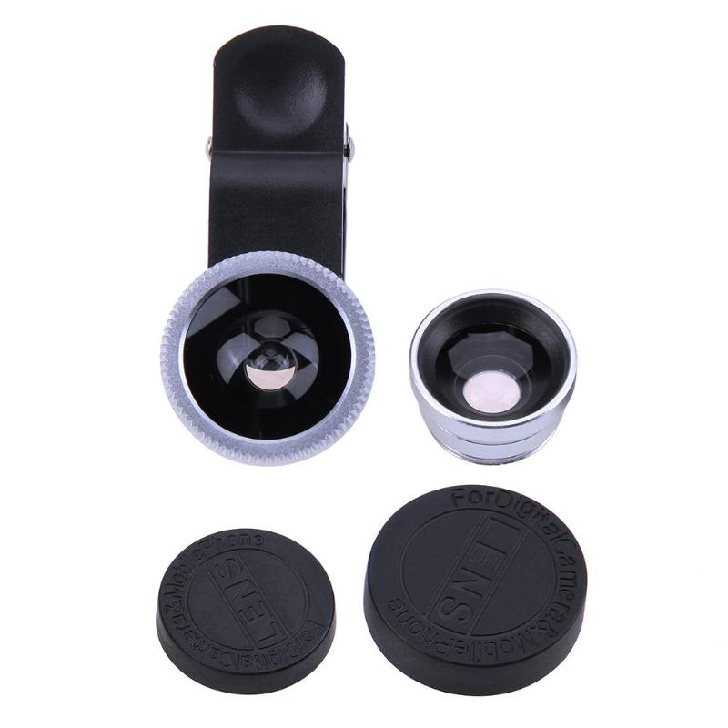 3 en 1 Mini objectif de caméra Fisheye avec pince téléphone Portable grand Angle Macro Kit d'objectif de caméra Portable démontable accessoires Photo: Argent