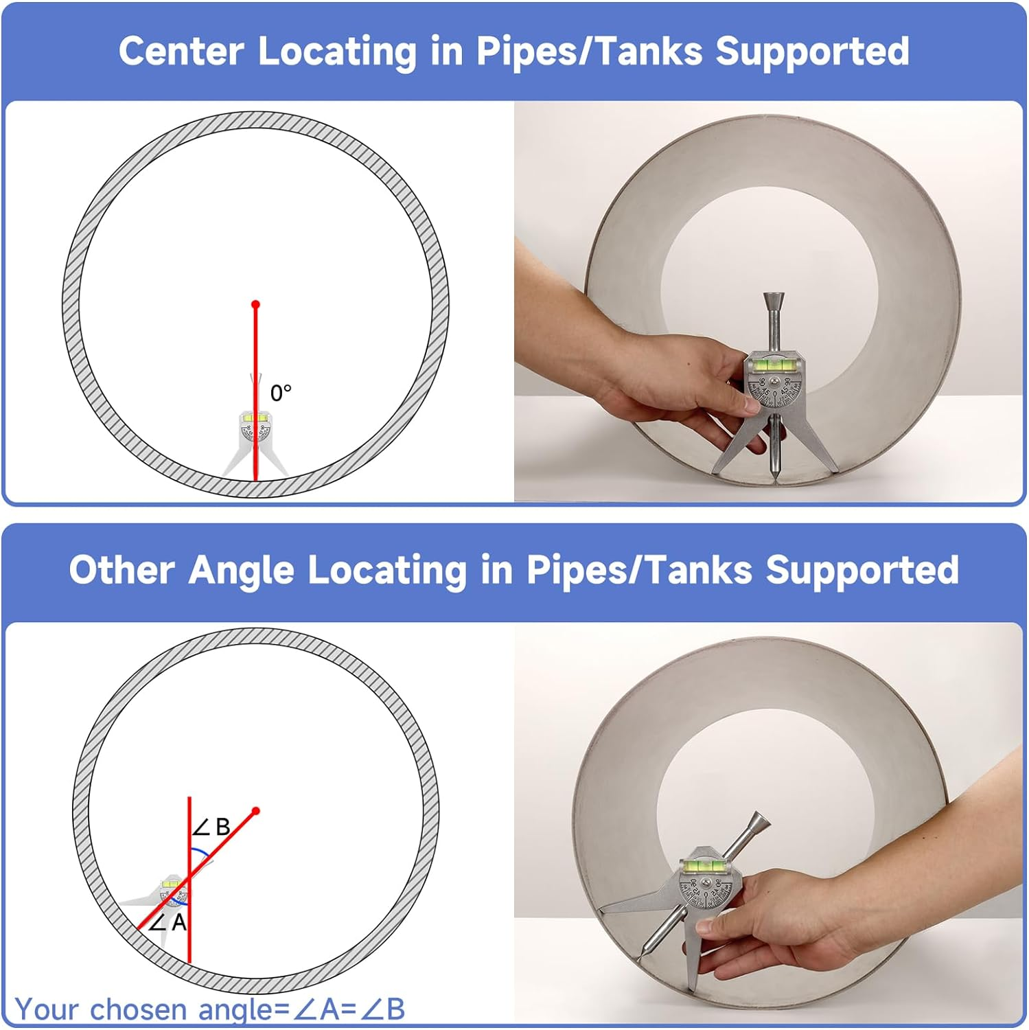 Pipe Center Finder Measure Pipe Diameter With Adjustable Dial Bubble Protractor 4" Y-Type Safety Pipe Marker Centering Head Tool