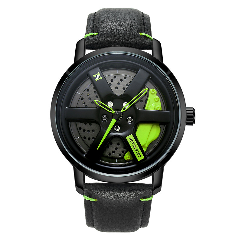 Reloj de UTHAI L98 para hombre, deportiva, personalidad, coche Hub 360 ° Reloj de pulsera de cuarzo para hombre de cuero resistente al agua con rotación: Café