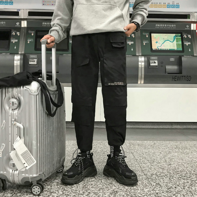 Pantalones Cargo morados para hombre, pantalón holgado de Hip Hop para correr, monos con bolsillos, pantalones de chándal de para estudiantes, ropa de calle coreana para hombre