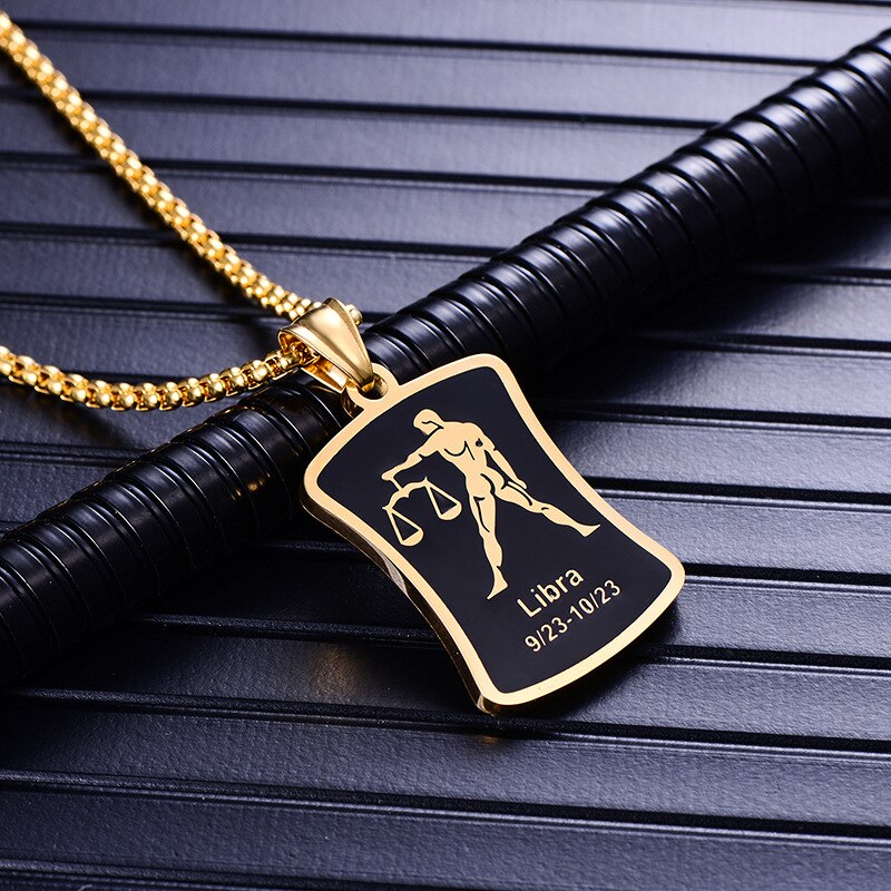 Zodiac sign 12 constellation pendant men necklace stainless steel male accessories gold simple silver necklace chain Square card