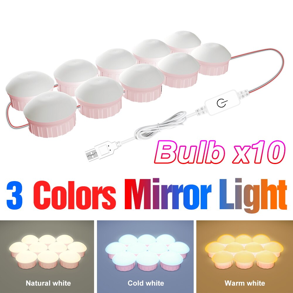 LED Makeup Mirror Lamp USB Bathroom Dressing Table Light Bulb Dimmable Hollywood Vanity Mirror Lamp For Home Decoration Lighting: 3 Colors 10 Bulbs