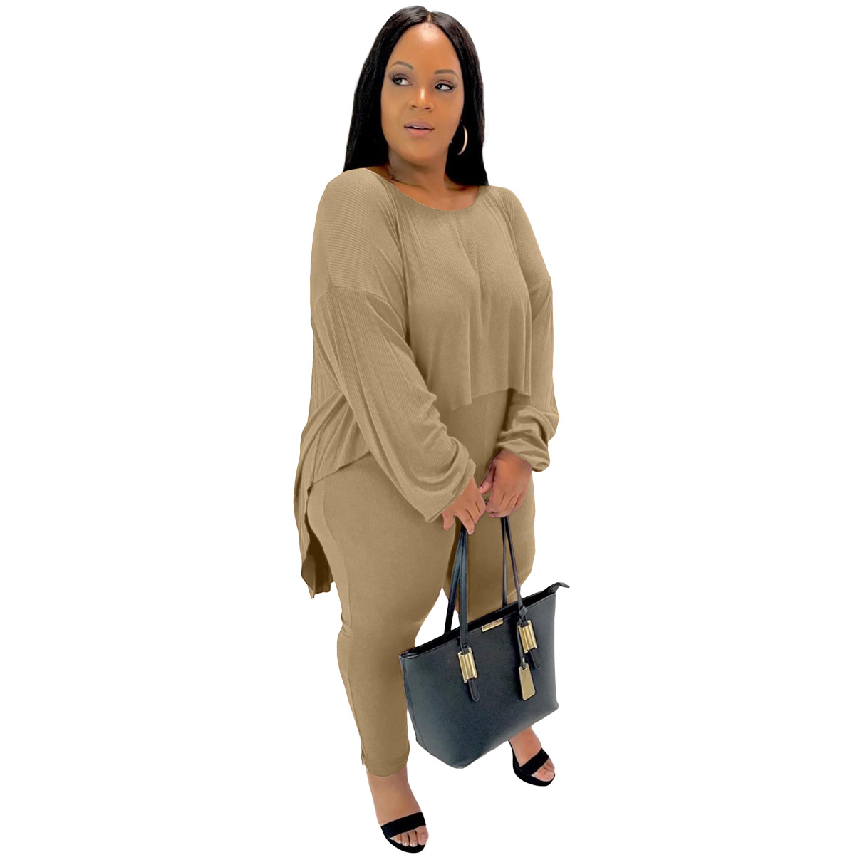 Plus Size Casual Ribbels Loungewear Solid Vrouwen Tweedelige Set Losse Lange Mouwen Ronde Hals Onregelmatige Shirt Bijpassende Pak Pyjama