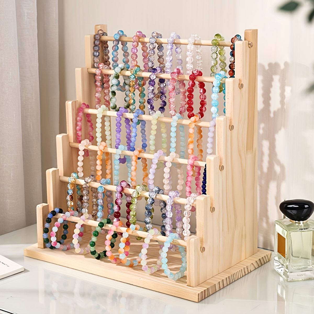Estante de almacenamiento de pulseras de madera Vintage, estante de exhibición de cuentas escalonadas, estante de almacenamiento de joyas, pinza para el pelo y estante de exhibición de diadema