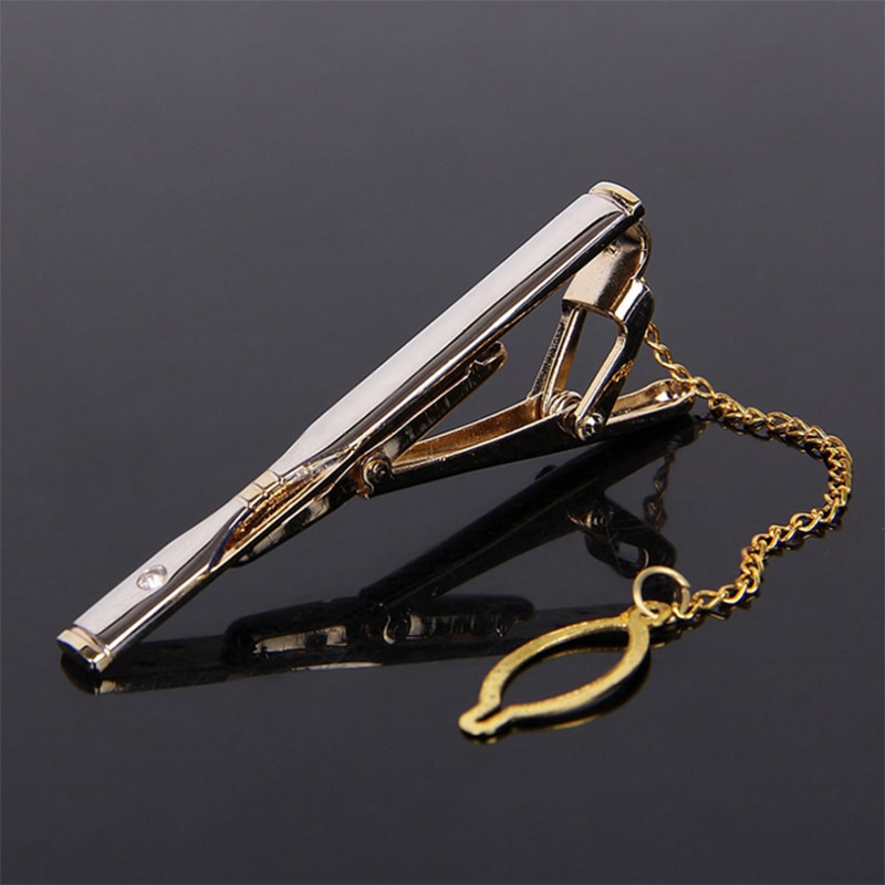 Men Metal Tie Clip with Chain Brooch Foomal Business Wedding Party Shirt Collar Pins