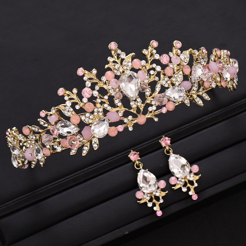 Handmade Crystal Rose Gold Crown And Tiara Queen Princess Taira Headpiece Diadem Wedding Hair Accessories Bridal Hair Jewelry: Pink