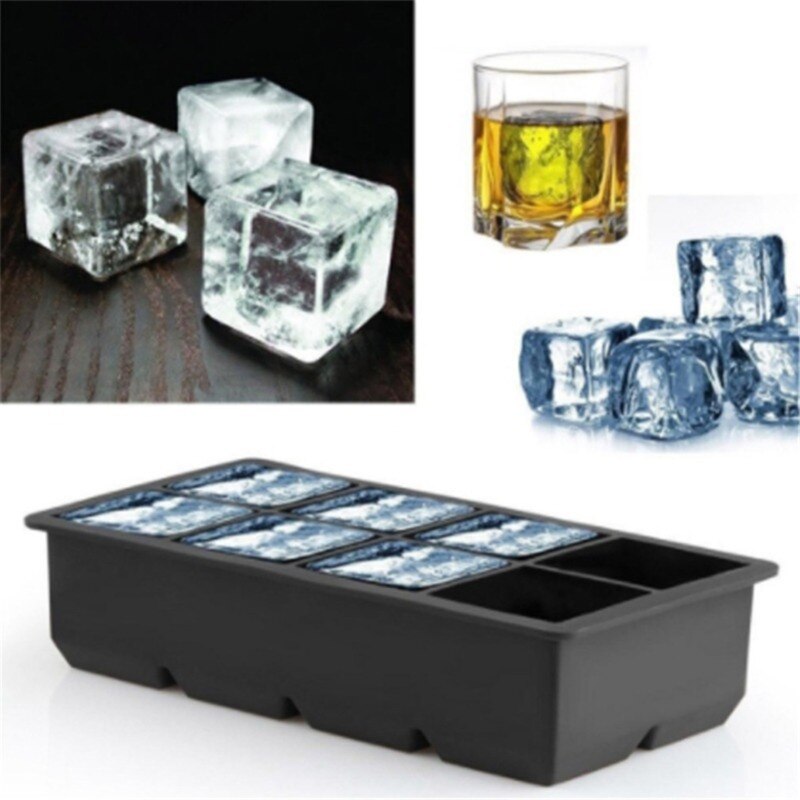 Black 8 Big Ice Tray Mold Giant Jumbo Large Silicone Ice Cube Square Tray Mold DIY Ice Maker Ice Cube Tray Kitchen Tools