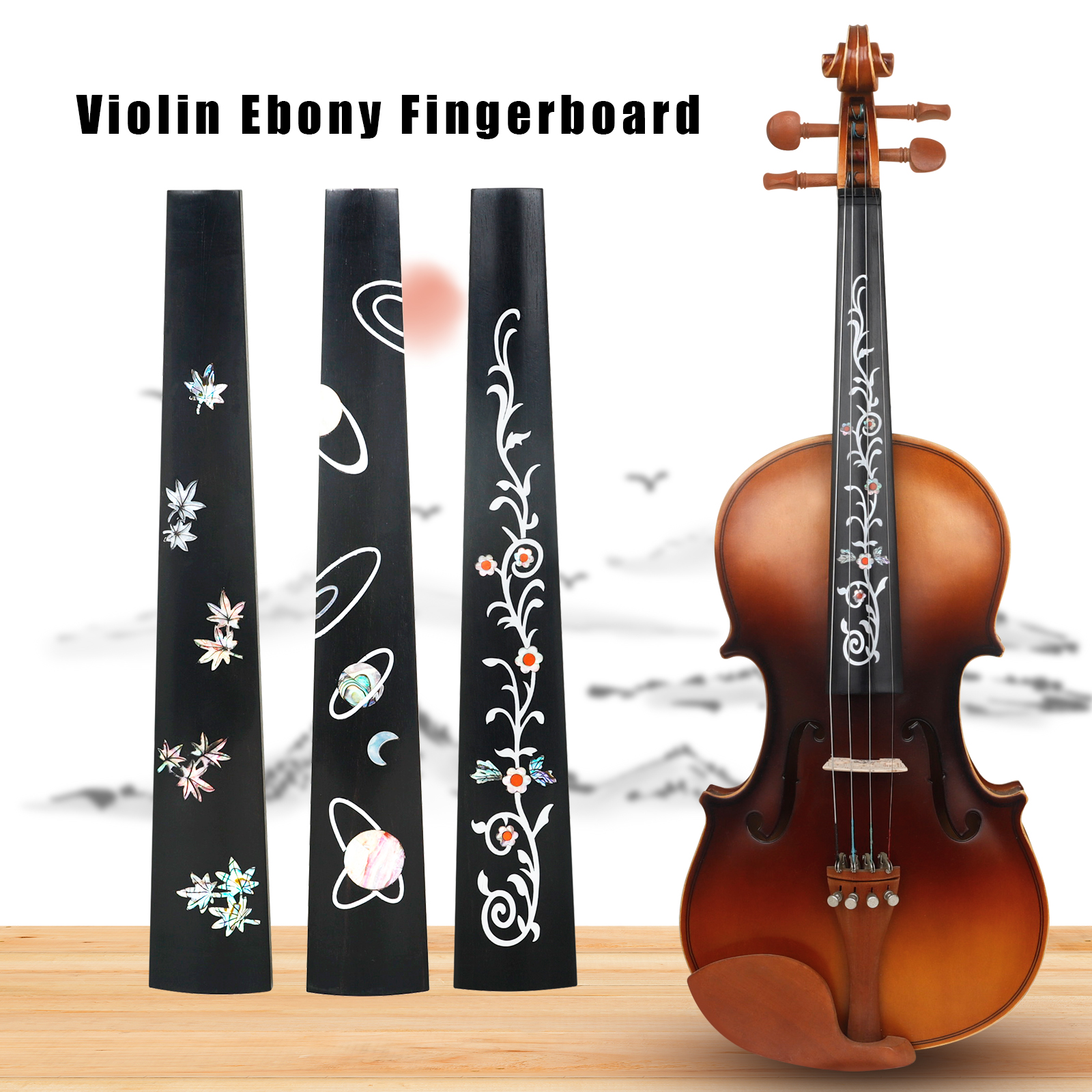 Diapasón de ébano para violín 4/4, incrustaciones de mano, conchas de colores, diapasón de ébano, cuerda, piezas de instrumentos, accesorios