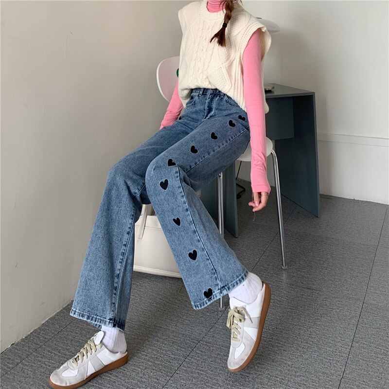 Jean Vintage imprimé en forme de cœur pour femme, pantalon en Denim, à jambes larges, droit, ample, à la , Y2K, Harajuku, automne hiver