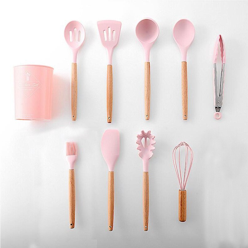 Ensemble d'ustensiles de cuisine en Silicone, antiadhésif, spatule avec manche en bois, avec boîte de rangement, 9/11 pièces: Pink-9pcs-B