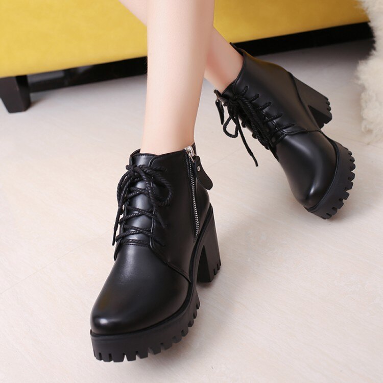 Hoge Hakken Dikke Zolen College Stijl Vrouwen Enkelspel Schoenen Ronde Neus Dik Met Effen kleur Lace-Up Vrouwen Schoenen