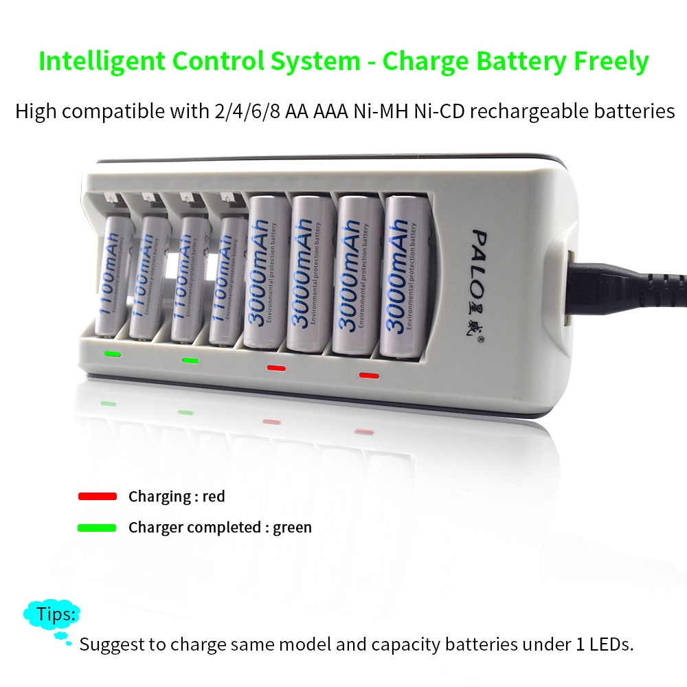 PALO 8 Slots Fast Charge LED display Quick charger Smart Battery Charger for 1.2V nimh nicd aa aaa Rechargeable Battery