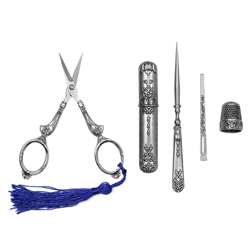 Lmdz Prachtige Vintage Schaar Set Schaar + Naald Opslag Buis + Priem + Naald Draad + Vingerhoed: scissors set