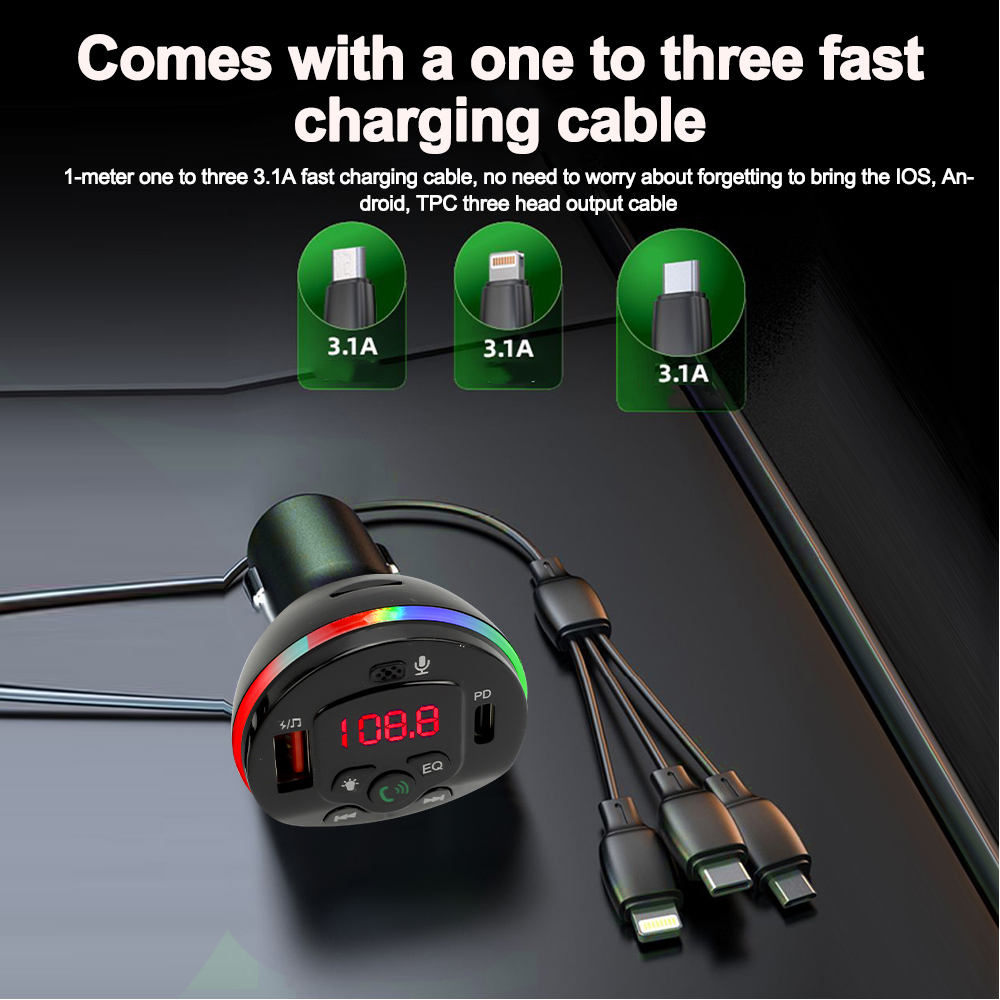 Transmisor FM Bluetooth 5,0 para coche, reproductor modulador MP3, receptor de Audio manos libres con Cable de carga 3 en 1 para IPhone, Huawei y Xiaomi