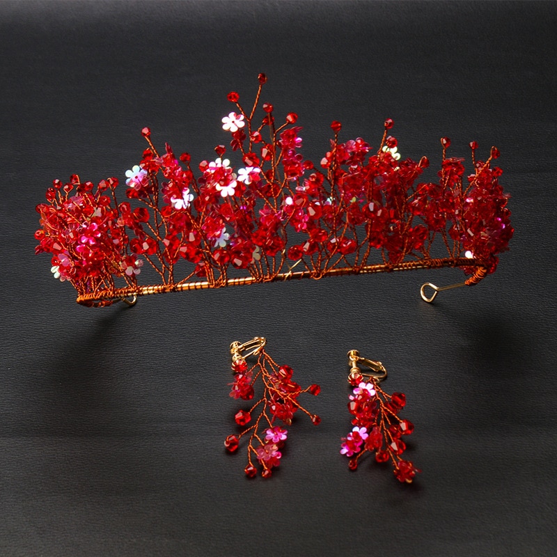 Red Crystal Crown Chinese-Style Wedding Headdress Handmade tiara earrings Wedding Bridal Accessories