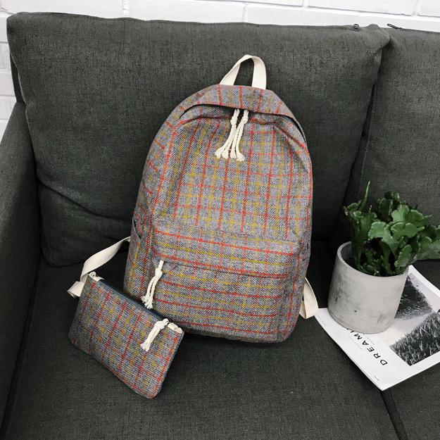 2set Plaid pattern Backpack Canvas Women Shoulder Bag Teenager Girl School Backpack Female Mochilas Bagpack: Gray  2set